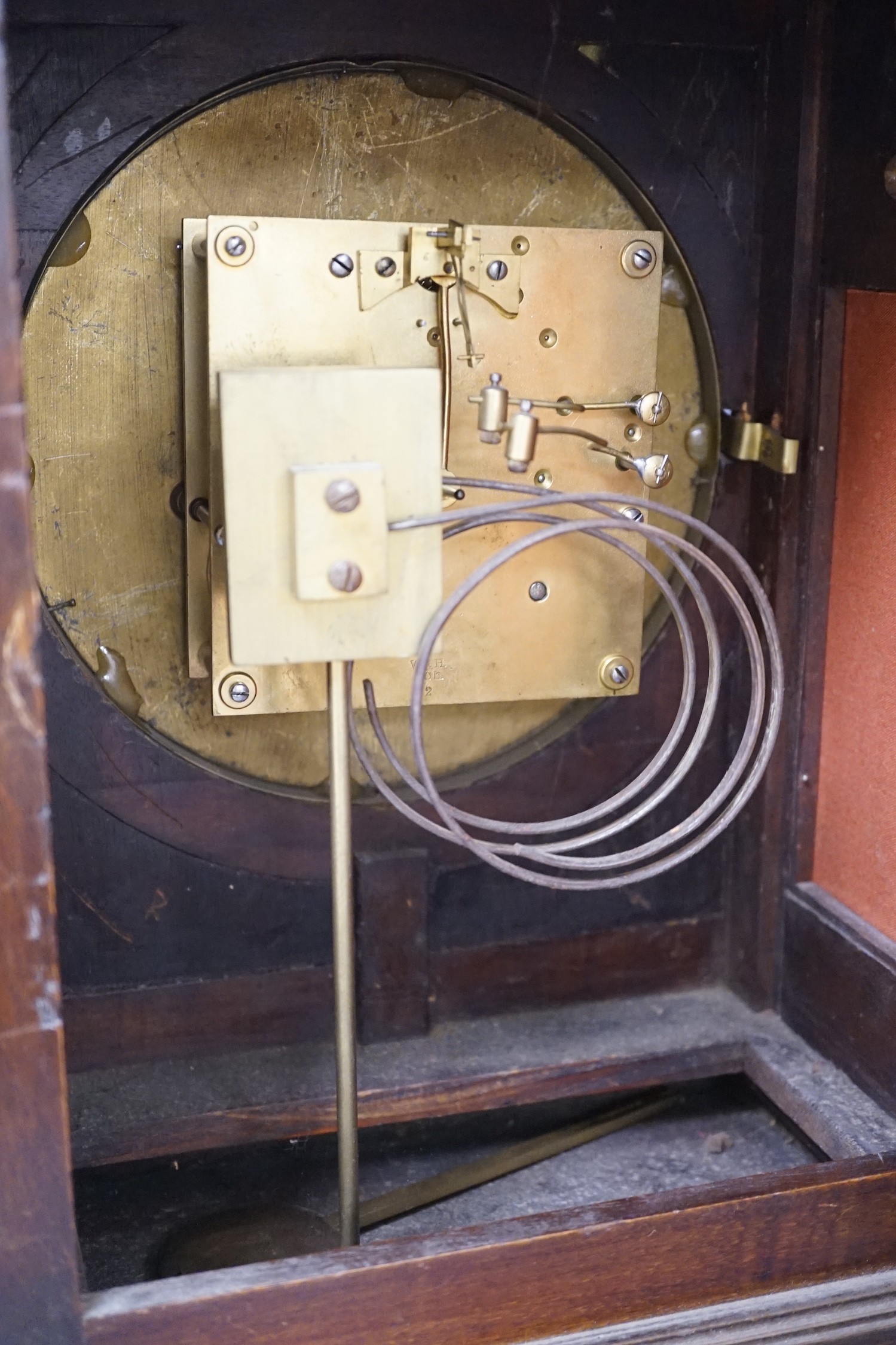 A Regency style mahogany bracket clock, pendulum, no key. 50cm